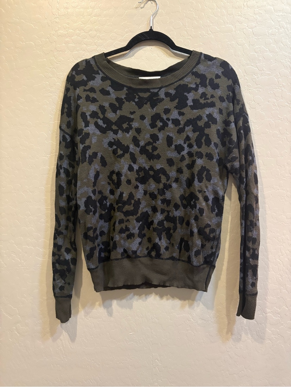 Anthropologie Olive Green & Black Leopard-Print Crewneck Sweater